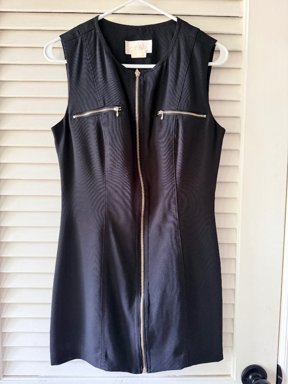 Cache Dress Size 4 Black Full Zip Moto Mini Shift Y2K 90s Sleeveless Zip Pockets